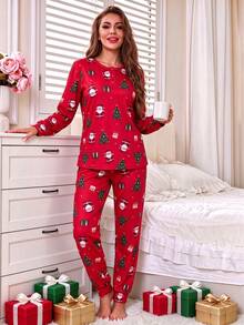 Women's 2-Piece Christmas Long Pajama Set, Spring/Autumn Indoor Fleece Santa Claus & Christmas Tree Print Comfortable Long Sleeve Sleepwear - Red - View 3