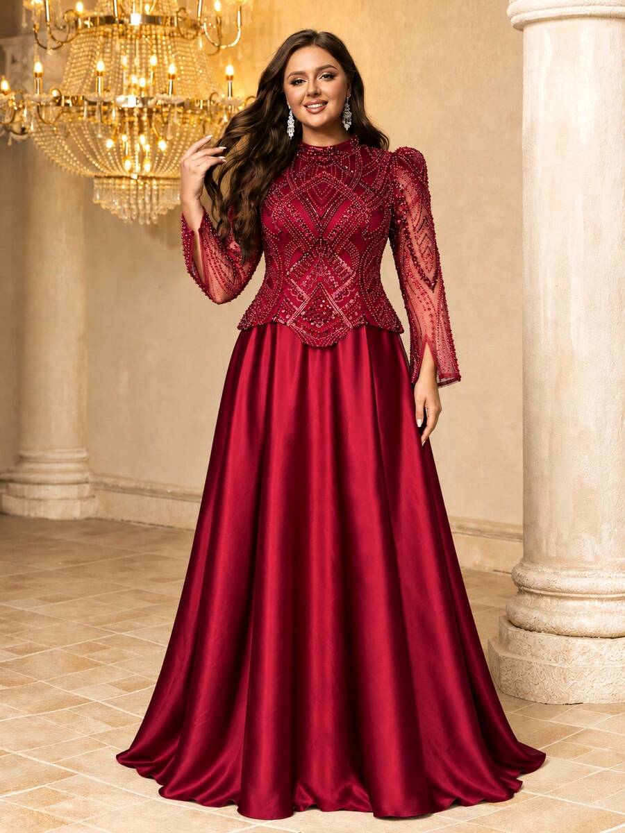 UNITHORSE [Random Cut] Plus Size Women's Elegant Stand Collar Straight Sleeve With Slight Cuff Slit Sequin Patchwork Satin Formal Evening Gown Dress - Burgundy - View 1