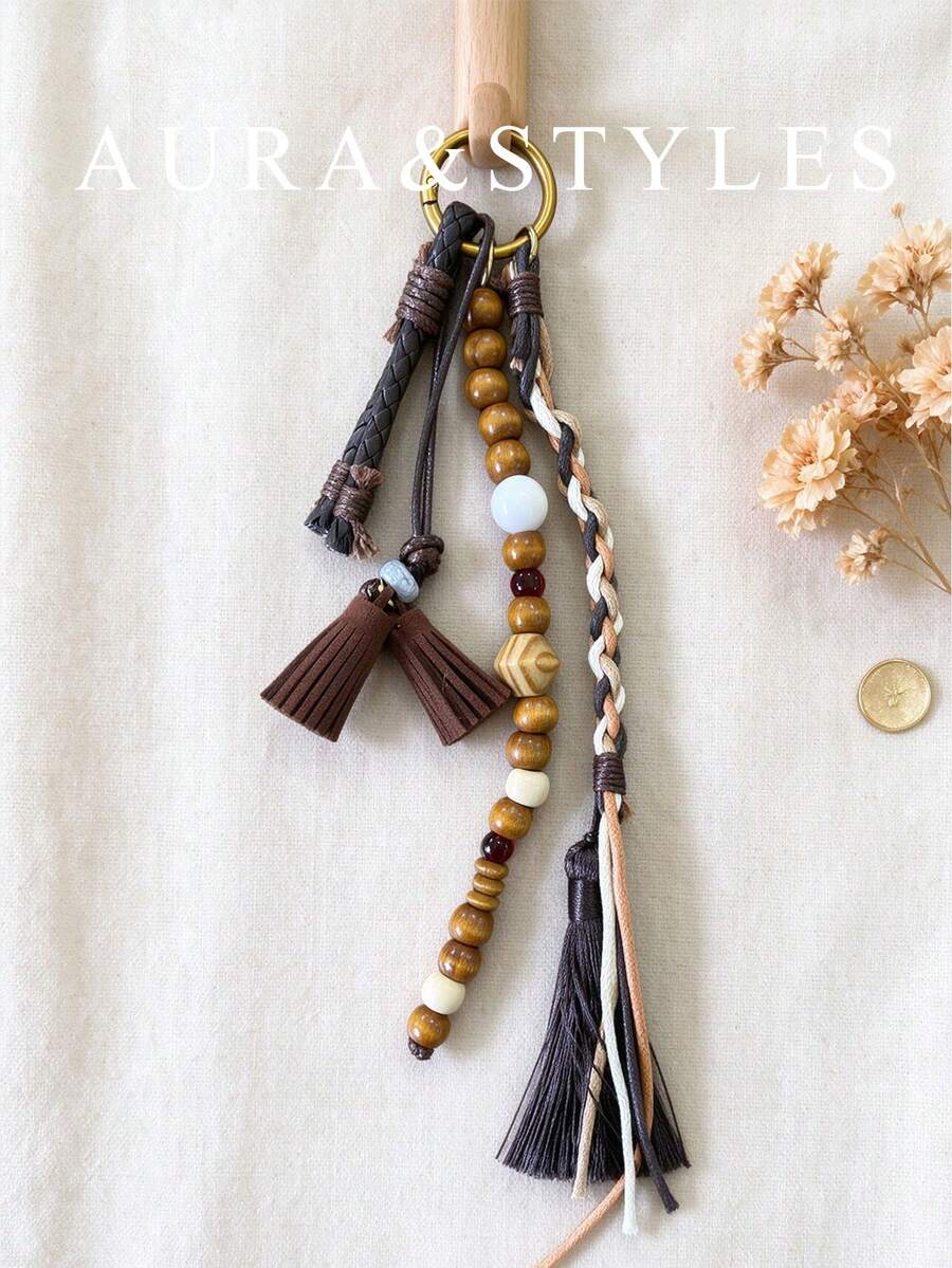 Versatile Vintage Style Wooden Bead Handmade Bag Charm Keychain Car Phone Lanyard Pendant - Coffee - View 1