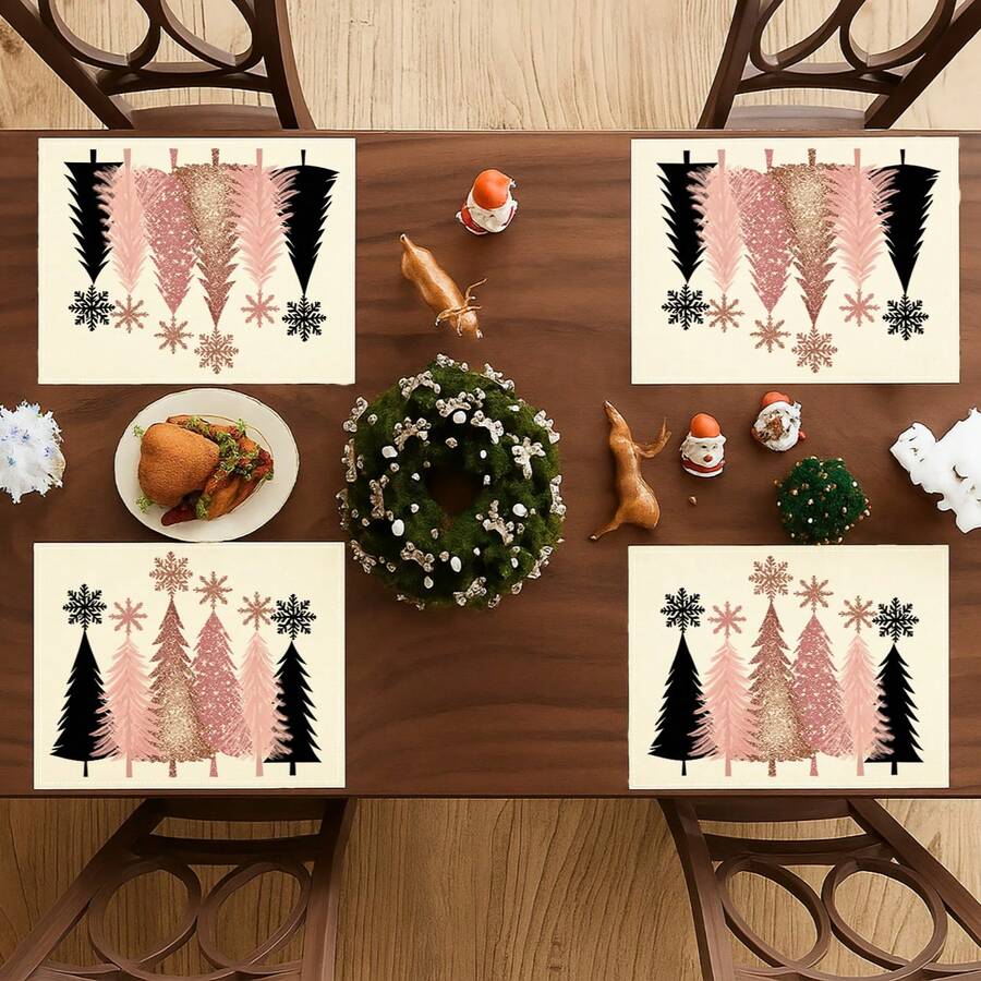 4Pcs Pink Rose Gold Christmas Tree Placemats Snowflake Xmas Tree Table Mats Modern Farmhouse Winter Holiday Dining Table Decor - Pink - View 1