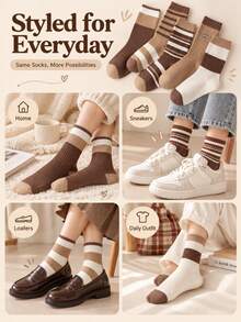 5/10 Pairs Women's Vintage Striped Crew Socks, Soft Breathable Cotton Ribbed Socks, Brown Beige Colorblock Mid-Calf Socks, Casual Retro Style For Everyday Wear, Fall & Winter - Multicolor - View 8