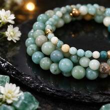 Women's Green Natural Stone Beaded Bracelet 3-Piece Set, Mixed Amazonite Beads, Stackable Elastic Bracelet, Bohemian Style Fashion Accessory - Multicolor - View 4