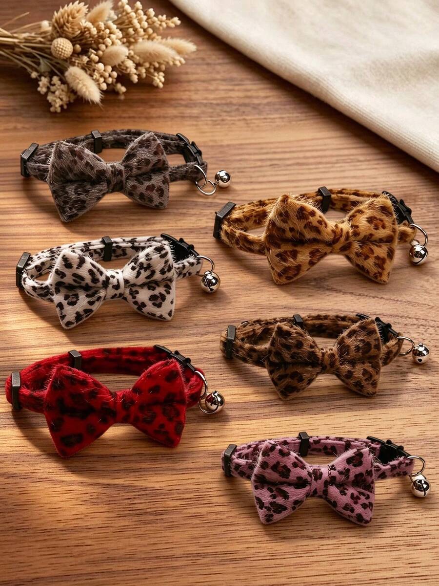 Leopard Print Pet Collar, Suitable For Small Dogs And Cats, Decorated With Bowknot, With Adjustable Strap And Quick-Release Buckle, Cute And Fashionable, Unisex For Pets - Multicolor - View 1