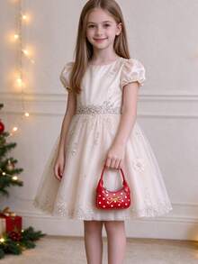 Red Polka Dot Kids Mini Handbag, Cute Gold Bow Decor Small Bag For Girls, Princess Style Accessory Handbag For Party - A - View 4