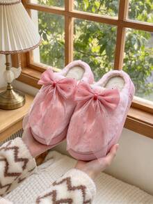 Women's Plush Indoor Slippers, Pink Winter Rhinestone Mesh Bowknot Warm Fuzzy Thick Sole Comfortable Closed Toe House Slippers - Style a - Pink - View 1