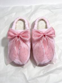 Women's Plush Indoor Slippers, Pink Winter Rhinestone Mesh Bowknot Warm Fuzzy Thick Sole Comfortable Closed Toe House Slippers - Style a - Pink - View 8