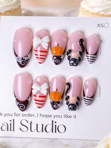 10pcs Handmade Reusable Press-On Nails, Almond Shape Nude Pink Base With Brown French Tips, 3D Black Cat, Pumpkin And White Bow Decorations, Striped Swirl Rhinestone Accents, Removable False Nails, Suitable For Halloween, Autumn Party, Christmas Holiday And Daily Wear - Multicolor - View 1