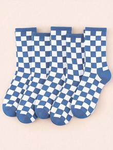 1/5 Pasang Kaos Kaki Setengah Betis, Jacquard Kotak-kotak Merah dan Putih, Manset Bergaris, Bernapas dan Menyerap Keringat, Kaos Kaki Kasual Vintage, Unisex - Blue and White - View 2