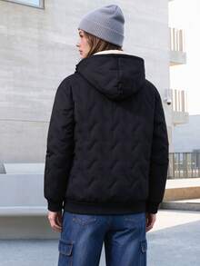 Women's Hooded Padded Jacket With Warm Lining, Embossed Outer Layer With Lock-Fleece Technology To Prevent Filling Leakage, Thick Lamb Fleece Lining For Heat Retention, Full Zip Front With Drawstring Hood, Ribbed Cuffs And Hem For Wind Protection And Warmth, Side Zipper Pockets For Secure Storage, Loose Drop Shoulder Fit Suitable For All Body Types, Versatile For Commuting And Autumn/Winter Outings, Easily Create A Casual Street Style - Black - View 4