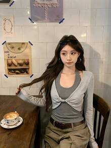 Autumn Colorblock Twisted Striped 2 Pieces Set, Women's Twisted Slim Fit Long Sleeve Top Set, Suitable For Travel, Dating, Outing And Gathering - Light Grey - View 4
