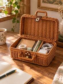 1pc Vintage Suitcase Style Woven Storage Box With Lid And Handle, Brown Rattan Organizer Basket For Living Room Bedroom Home Storage And Bookshelf Decor - Brown - View 2