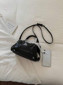 Mini Boston Handbag, Solid Color Faux Leather, Bow Decor, Detachable Crossbody Strap, Sweet & Cute Style, Suitable For Daily Wear, Dating, All Seasons (Wear With Scarf) - Black - View 8