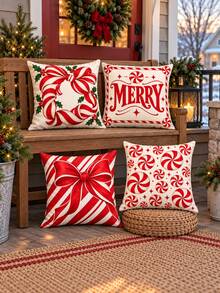 4 Buah Sarung Bantal Hias Natal Vintage Merah & Putih Motif Peppermint, Karangan Bunga Pita, Tulisan MERRY, Motif Pita & Permen, Cetakan Satu Sisi Super Lembut, Cocok Untuk Sofa, Ruang Tamu, Dekorasi Liburan Kamar Tidur, Isian Bantal Tidak Termasuk - MultiWarna - View 8