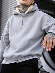 Autumn/Winter! Men's Half-Zip Thermal Lined Thick Hooded Pullover Sweatshirt - Grey - View 3