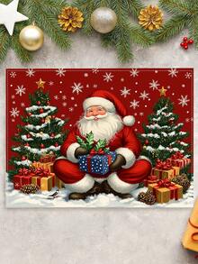 4Pcs Christmas Santa Claus Print Placemats Red Snowflake Xmas Tree Gift Box Pine Cone Pattern Table Mats Holiday Winter Dining Table Decor - Red - View 3