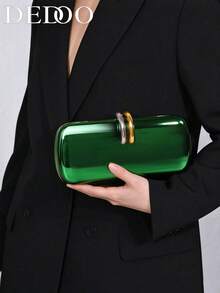 Green Mirror Evening Clutch Bag,Shiny Metallic PU, Two-Tone Gold Silver Metal Ring Clasp, Modern Luxury Style,Handbag For Wedding Prom Cocktail Party - Green - View 9