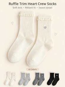 4/8 Pairs Women's Sweet Heart Embroidery Ruffle Mid-Calf Socks, Ribbed Knit Socks, Soft And Comfortable, Suitable For Daily Wear, Campus Style, Loafers And Sneakers - Multicolor - View 1