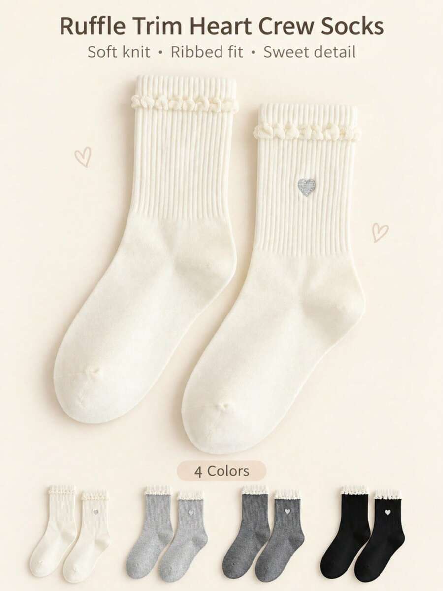 4/8 Pairs Women's Sweet Heart Embroidery Ruffle Mid-Calf Socks, Ribbed Knit Socks, Soft And Comfortable, Suitable For Daily Wear, Campus Style, Loafers And Sneakers - Multicolor - View 1