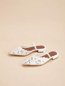 Women's Pointed Toe Almond Color French Elegant Floral Lace Crochet Back Strap Slip-On Chunky Heel Mule Slippers - White - View 5