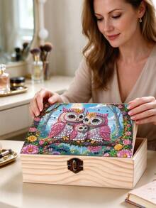 1pc New Popular Diamond Painting Art Kit DIY Handmade 5D Rhinestone Craft Animal Series 3 Pink Owls In Forest Pattern Storage Box With Lock Flip Lid Wooden Box Multi-Functional Storage Box Jewelry Box Mosaic Craft Artwork Diamond Painting Decoration Office Desk Storage Supplies Vanity Decor Small Accessory Storage Box Very Meaningful Birthday Holiday Gift Box Christmas, Wedding Season, Halloween - Multicolor - View 3