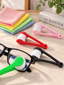 Portable Glasses Cleaning Tool And Microfiber Cloth Set, Double-Sided Lens Cleaning Brush, Soft Scratch-Resistant Glasses Wiping Cloth, Reusable Compact Glasses Cleaning Kit, Suitable For Glasses, Fashion Eyewear And Camera Lenses - Multicolor - View 3