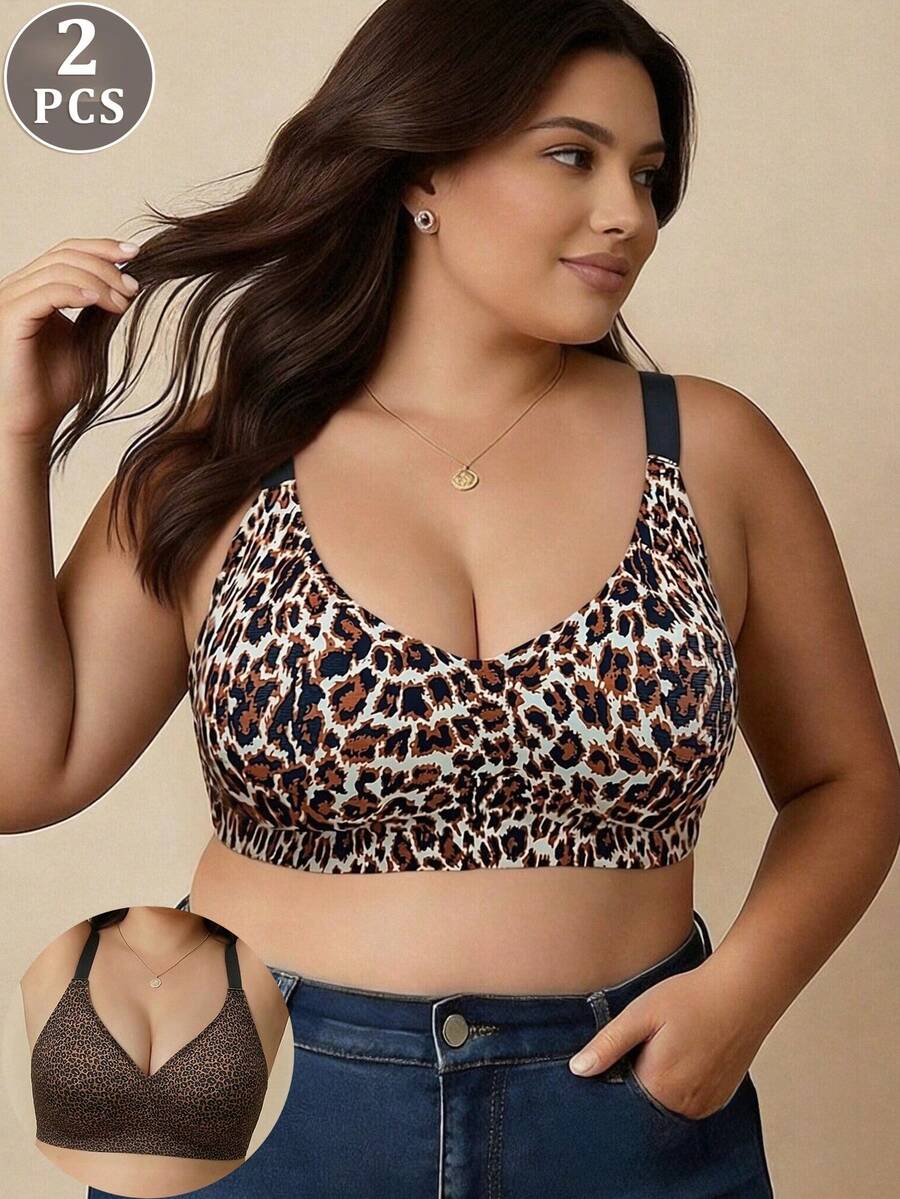 2pcs Bra Push-Up Minimalis Seksi Motif Leopard Ukuran Plus, Desain Belakang yang Dapat Diatur, Tanpa Kawat, Perata Sisi, Cup Berbantalan Tidak Dapat Dilepas, Kain Nilon Rajut, Bantalan Terintegrasi, Nyaman untuk Dipakai di Rumah, Dukungan Sedang, Desain Patchwork, Tali Bahu yang Dapat Diatur - MultiWarna - View 1