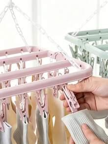 Foldable Drying Rack With 32 Clips And Rotating Hooks, Suitable For Hanging Clothes, Includes Windproof Plastic Cover, Ideal For Drying Underwear, Socks And Small Items, Indoor And Outdoor Use - Multicolor - View 5