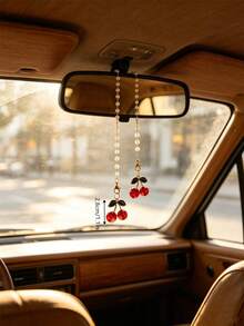 Pearl Chain Cherry Car Rearview Mirror Pendant, Sweet Style Car Hanging Ornament, Car Interior Decoration Accessory For Women - Pearl Chain Cherry Pendant - View 4