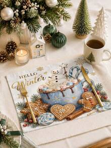 Winter Christmas Table Runner, Hello Winter Snowman Hot Cocoa Gingerbread Man Snowflake Candy Cane Pattern, Cute Farmhouse Country Style Holiday Table Decor, Suitable For Home Kitchen Party Indoor Christmas Decoration - Multicolor - View 4