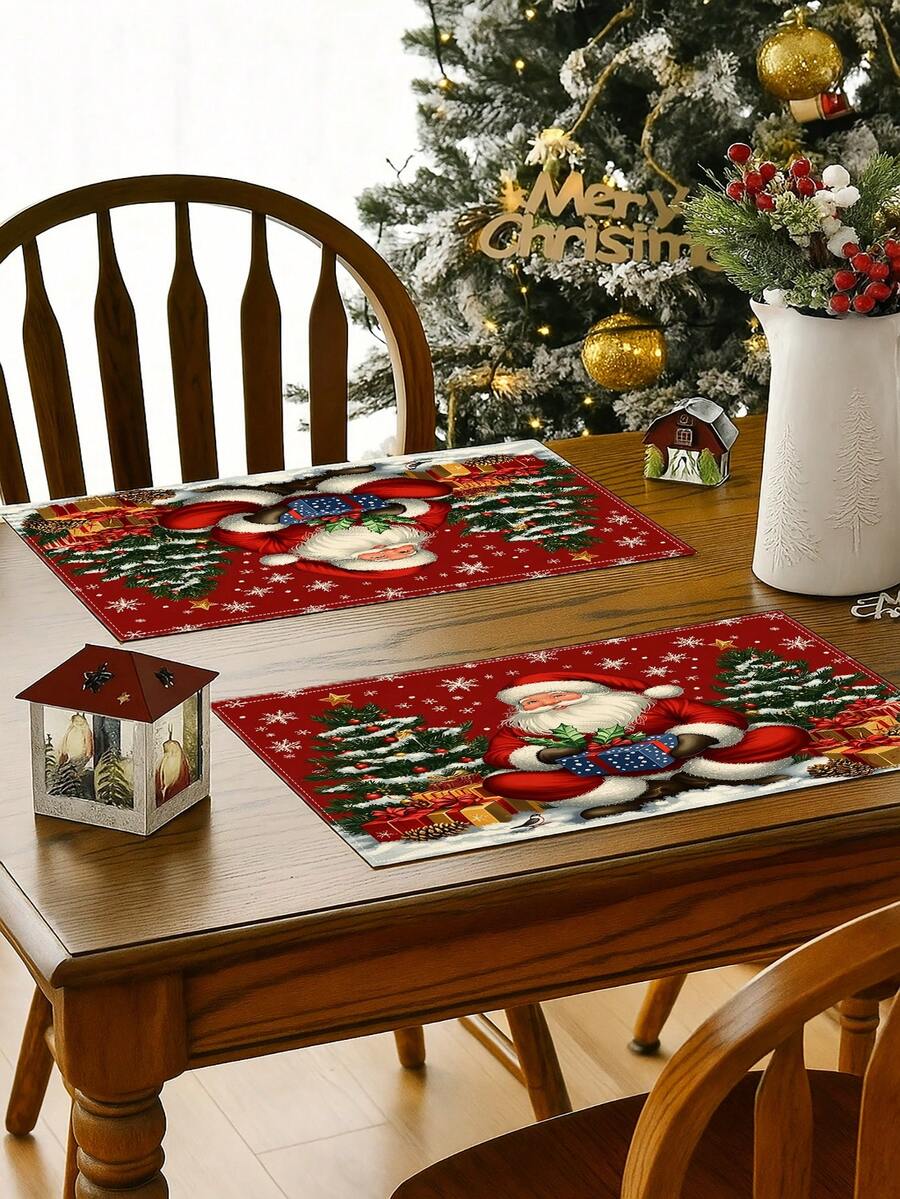 4Pcs Christmas Santa Claus Print Placemats Red Snowflake Xmas Tree Gift Box Pine Cone Pattern Table Mats Holiday Winter Dining Table Decor - Red - View 1