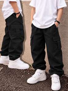 1pc Young Boys' Fashionable Casual Versatile Streetwear Comfortable Straight Leg Pants - Black - View 11