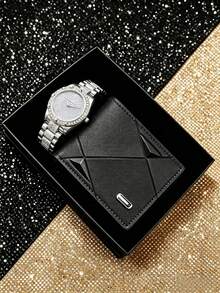 Gift Set - Classic Fashion Versatile Rhinestone Steel Band Quartz Watch, Fashion Wallet, With Elegant Gift Box, Suitable For Wedding, Birthday, Anniversary, Teacher's Day And Corporate Events Gift Party Holiday Gift - Gold - View 8