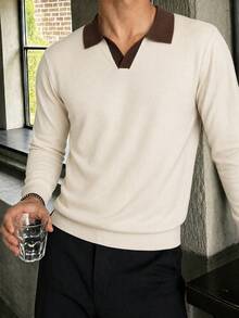 Men's Autumn/Winter Fashion Versatile Business Style Color Block Polo Collar Pullover Knit Sweater, Suitable For Daily Commute - Apricot - View 1