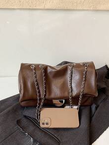 SIMUTINE 1pc Minimalist Solid Color Round Metal Lock Flap Design PU Fabric Women's Chain Shoulder Bag, Adjustable Metal Chain Large Capacity Shoulder Crossbody Handbag, Fashion Soft Portable Bag Suitable For Daily Commute Shopping Travel - Coffee - View 4