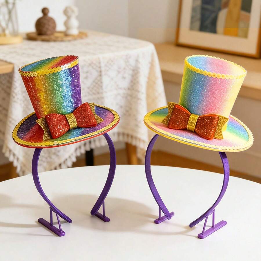 Rainbow Color Mini Top Hat Headband With Multicolor Feathers, Rainbow Feather Headband Top Hat For Halloween Party, Tea Party Decoration - Top Hat Headband - View 1