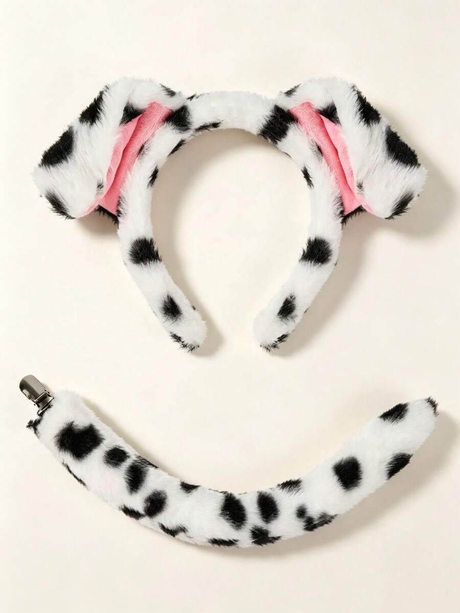 2pcs Set Cute Cartoon Spotted Dog Ear Headband And Tail Set, Animal Hair Accessories Plush Headband And Tail, Cosplay Performance Costume Props - Multicolor - View 1