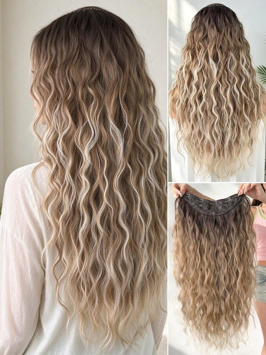 HEYPINK V-Shaped Clip-In Hair Extensions, 24 Inch Ombre Water Wave Curly Hair, Heat-Resistant Synthetic Fiber Hair Pieces, Suitable For Women And Girls, Party And Daily Use