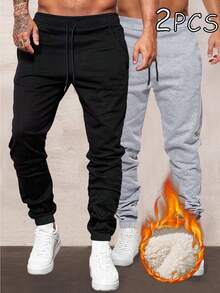 2pcs Men's Winter Thermal Lined Sweatpants, Windproof & Cold-Resistant Casual Sports Hiking Pants, Plus Size Outdoor Thickened Fleece Sweatpants, Black & Light Gray, Father's Day Gift Choice, Slim Fit Daily Commute - Multicolor - View 2