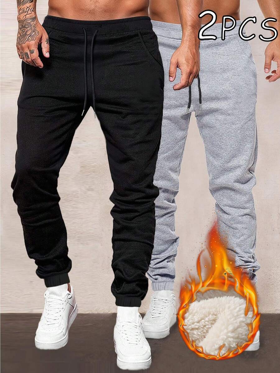 2pcs Men's Winter Thermal Lined Sweatpants, Windproof & Cold-Resistant Casual Sports Hiking Pants, Plus Size Outdoor Thickened Fleece Sweatpants, Black & Light Gray, Father's Day Gift Choice, Slim Fit Daily Commute