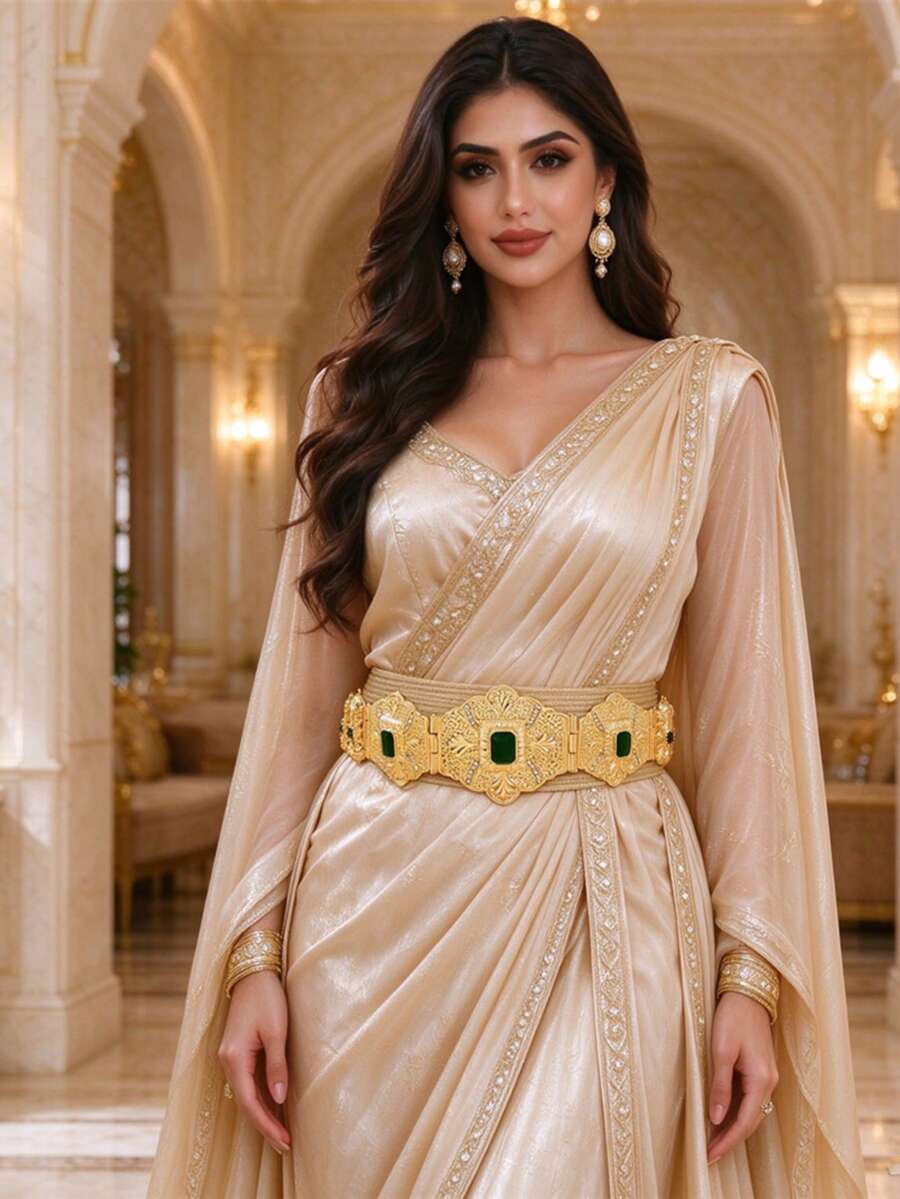 Arabian Vintage Waist Cincher With 3D Floral Leaf Pattern Hollow Design, Bridal Style, Festival Party Outfit Accessory - One Size - View 1