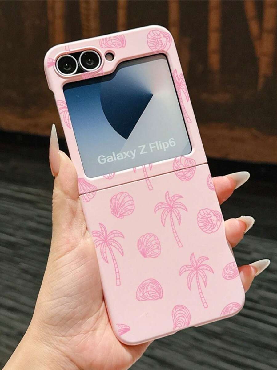 1pc Fashionable, Simple And Cute Skin Feel PC Material Simple Shell Coconut Tree Element Folding Phone Case, Protecting And Preventing Falling For: SamsungGalaxy Zflip 3/Zflip 4/Zflip 5/Zflip 6/Zflip 7/Zflip 8/ Lazare 60/ Razr 50/ Razr 70/Galaxy Z Flip7 FE - Pink - View 1