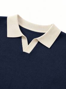 Men's Autumn/Winter Minimalist Colorblock Patchwork Airplane Collar Long Sleeve - Navy Blue - View 8