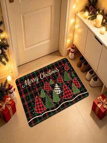 1pc Red Green Black Plaid Christmas Tree Pattern Doormat, Gold Christmas Art Lettering, Dotted Decoration, Autumn/Winter New, Velvet Home Decor Small Rug, Suitable For Living Room, Bedroom, Office, Dining Table, Coffee Table, Entrance, Bathroom, Comfortable, Beautiful, Easy To Clean, Christmas Decoration - A - View 4