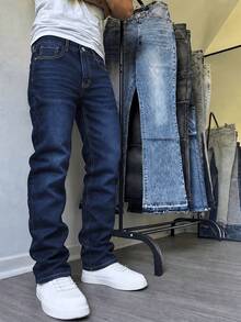 Men's Spring/Autumn Classic High-End Business Style Minimalist Versatile Body-Flattering Washed Slim Fit Jeans, Father's Day Gift - Dark Wash - View 2