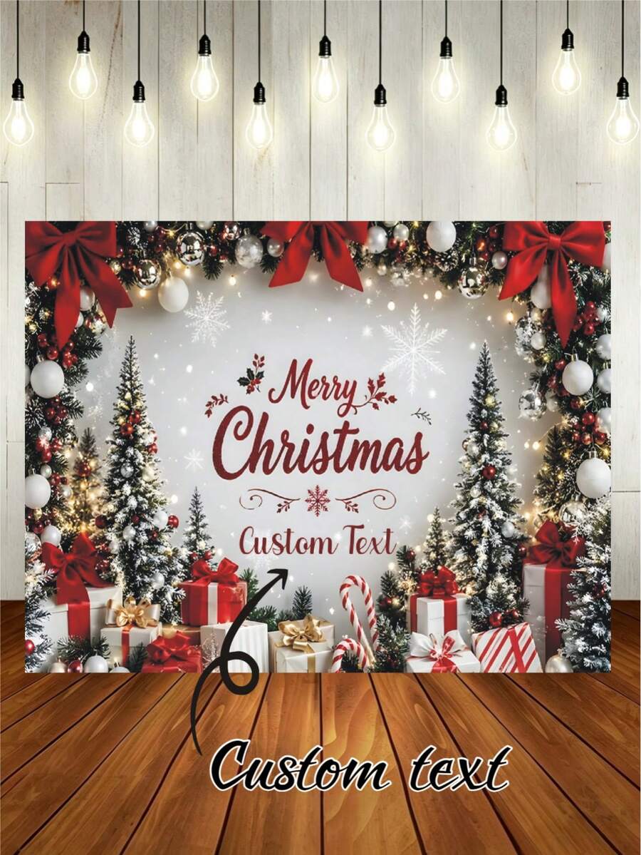 Latar Belakang Tema Natal Musim Dingin dengan Teks & Foto yang Dapat Disesuaikan, Pohon Natal, Kotak Hadiah, Daun Holly, Permen Tongkat, Lonceng, Pita, Desain Dekoratif Pola Kepingan Salju, Cocok untuk Pesta Natal, Pertemuan Keluarga, Doa, Dekorasi Latar Belakang Fotografi, Spanduk Fotografi, Vinyl - MultiWarna - View 1