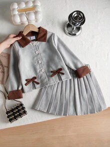2pcs/Set Girls' Minimalist Casual Contrast Color 3D Bow Jacket & Skirt Set, Spring/Autumn - Grey - View 1