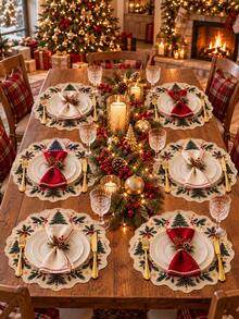2 PCS Green Christmas Tree Placemats, Rustic Linen Round Scalloped Table Mats, Pine Branch Holly Berry Snowflake Print, Festive Dining Place Mats For Christmas Dinner, Holiday Party, Winter Kitchen Table Decor - Multicolor - View 9