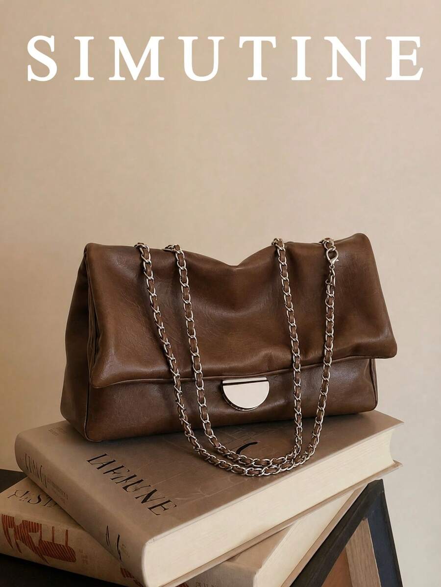 SIMUTINE 1pc Minimalist Solid Color Round Metal Lock Flap Design PU Fabric Women's Chain Shoulder Bag, Adjustable Metal Chain Large Capacity Shoulder Crossbody Handbag, Fashion Soft Portable Bag Suitable For Daily Commute Shopping Travel - Coffee - View 1