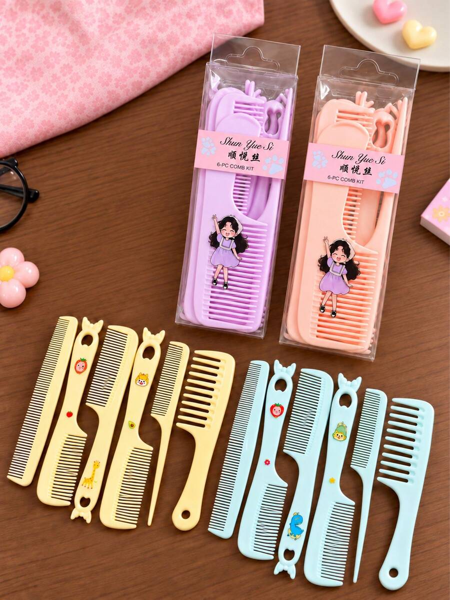 6pcs Cartoon Comb Set, Plastic Hair Combs With Wide Tooth, Fine Tooth And Pointed Tail Comb, Cute Macaron Color Detangling Comb Set Suitable For Women And Girls, Anti-Static Styling Comb Set For Daily Hair Care - Multicolor - View 1