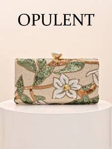 1pc Vintage Floral Sequin Embroidered Evening Clutch Bag With Rhinestone Square Buckle Hard Box Bag, Luxury Party Wedding Dress Matching Crossbody Small Square Bag For Women (Random Cut) - Champagne - View 1